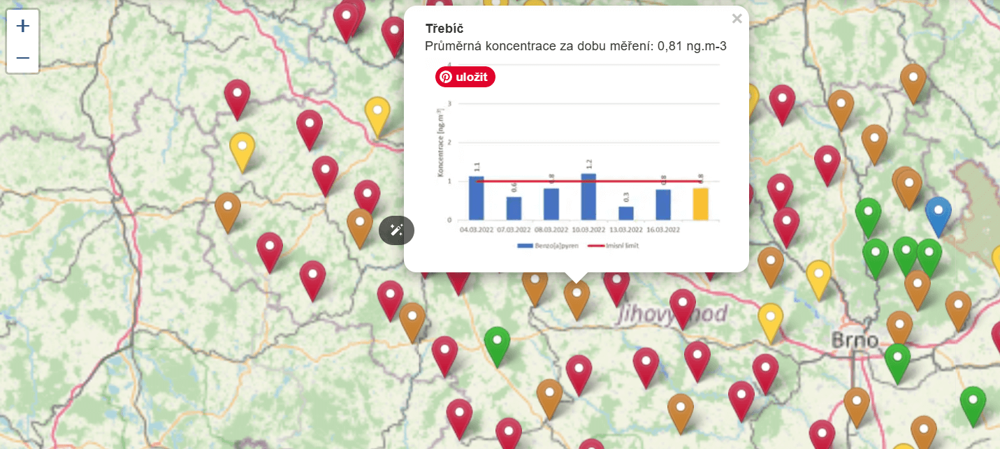 Mapa s výsledky měření kvality ovzduší na Vysočině Mapa s výsledky měření kvality ovzduší na Vysočině