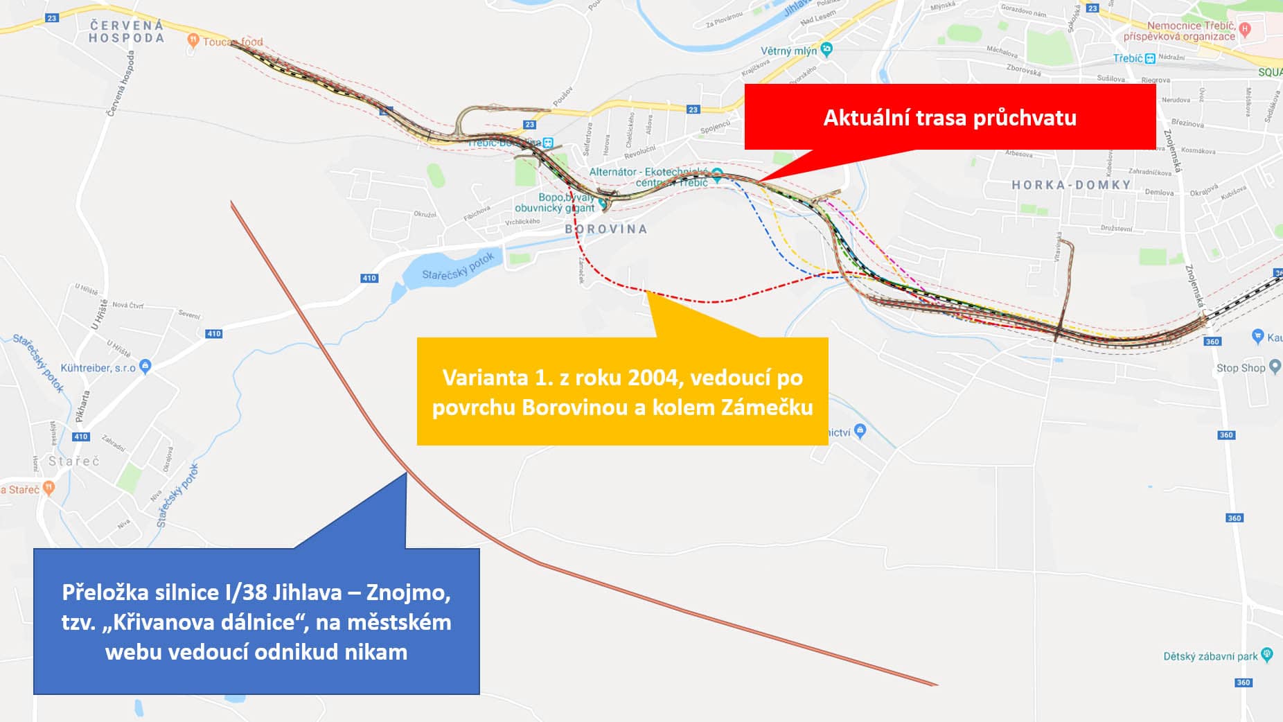 Obchvat Třebíče - zadání radnice s popisky variant