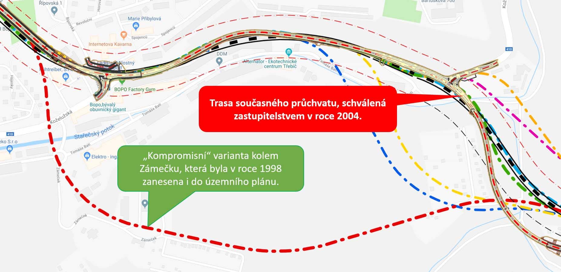 Obchvat Třebíče - trasa z roku 1998 a současný průchvat