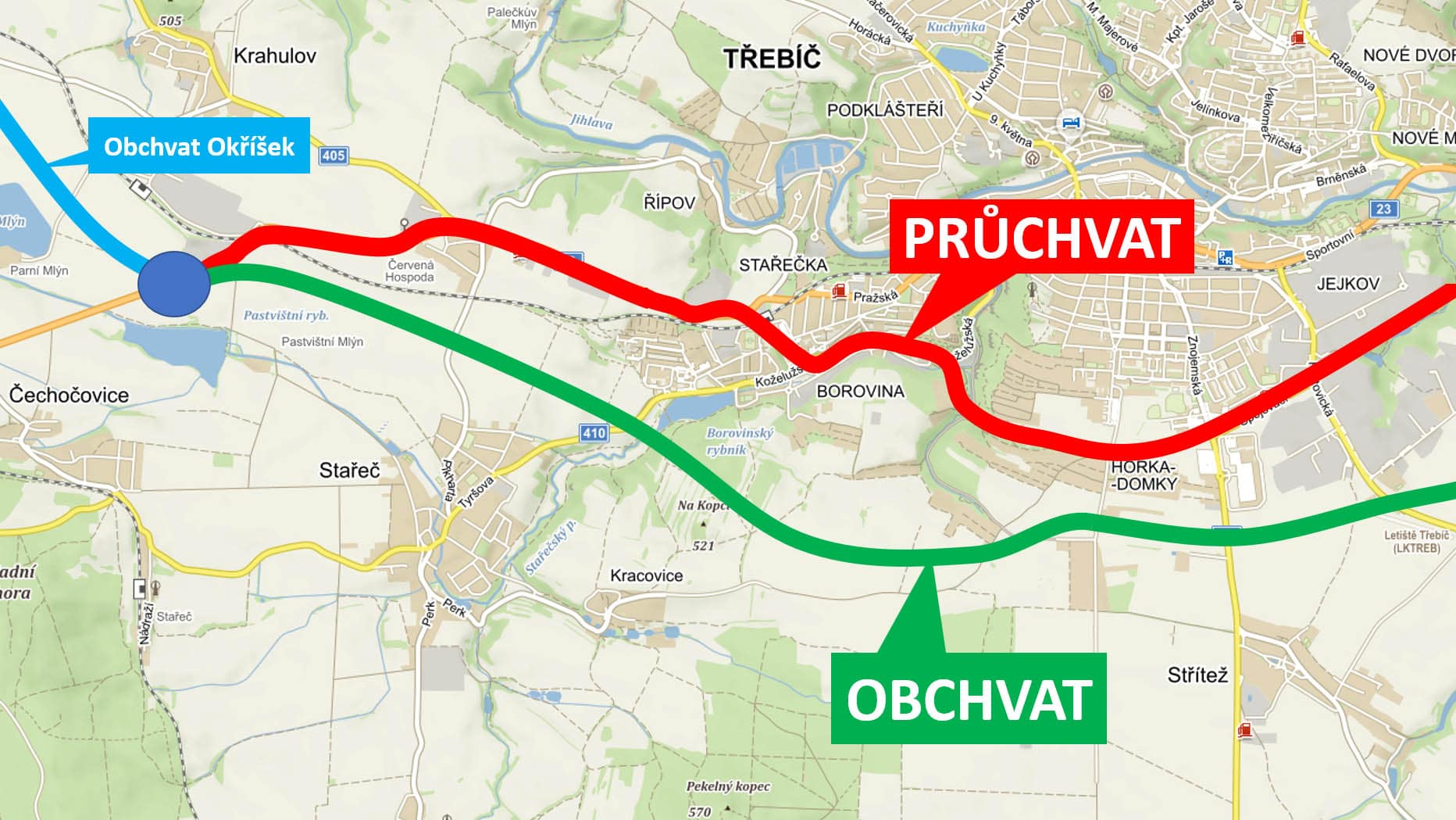 Trasa průchvatu a jedné z možných variant obchvatu. Podstatné je napojení obchvatu na budoucí křižovatku silnic od Telče a Jihlavy u krahulovského sila a logické pokračování po polích mezi Starčí a Borovinou